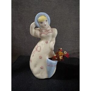 Vintage Weil Ware of California Pottery Blonde Blue Bonnet, Blue Floral Basket